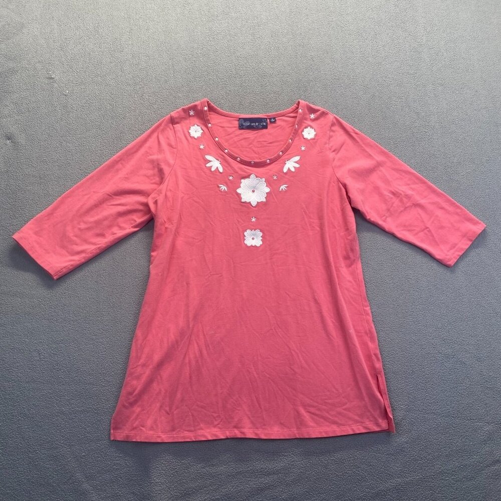 Susan Graver Style Womens Size M Tunic top Pullover 3/4 Slv pink Embroidery